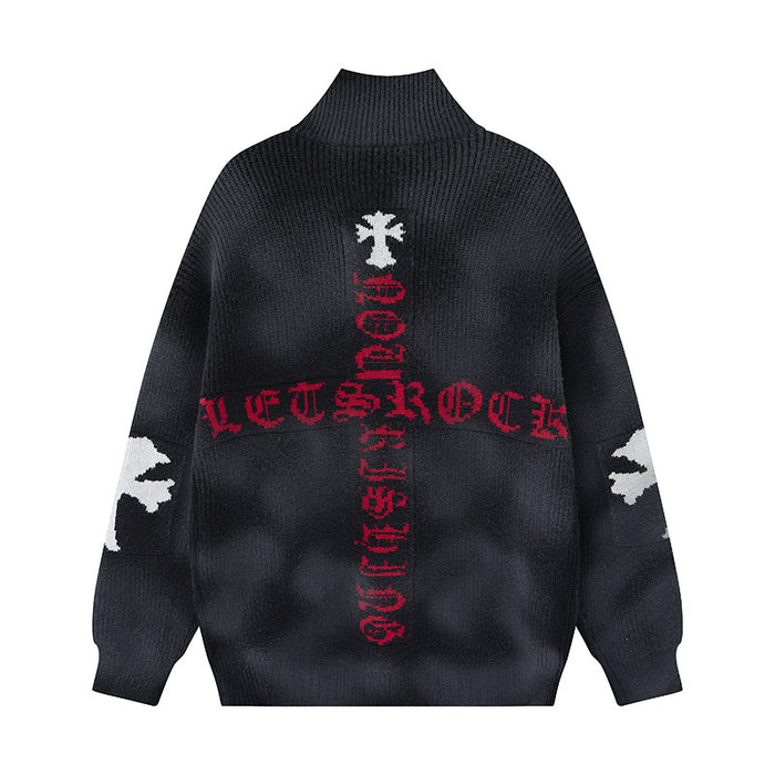 Black knit zip-up sweater jacket shown from the back with red gothic cross lettering and white sleeve graphics