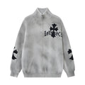 Gray knit zip-up sweater jacket front with raised mock neck, black chest cross graphic, and matching sleeve motifs