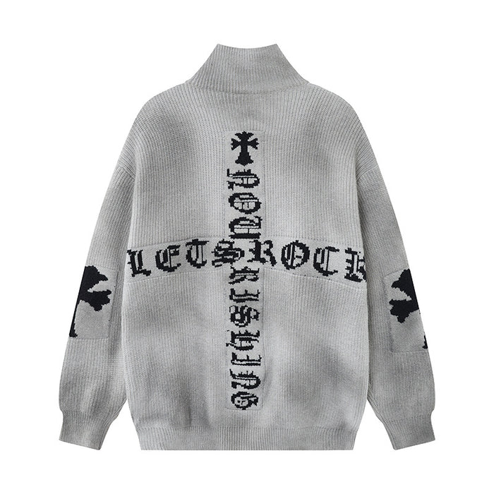 Gray knit zip-up sweater jacket back featuring a large black gothic cross and stylized lettering