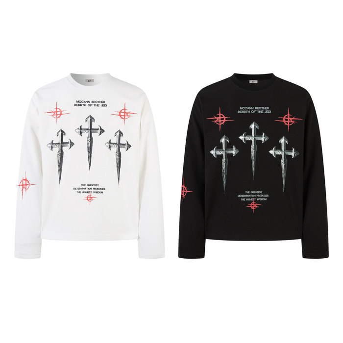 White long sleeve tee with three metallic gothic cross prints and red sigil graphics on chest and sleeves