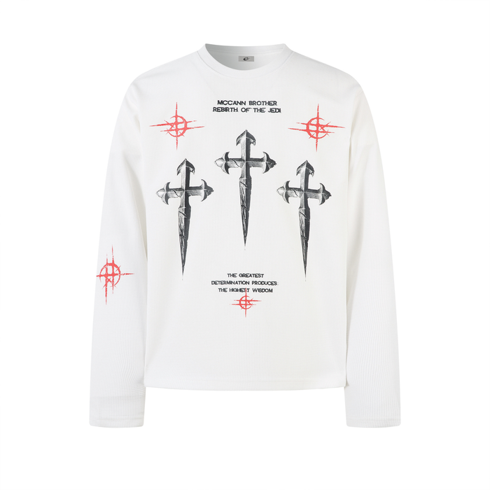 Front view of white long sleeve tee with black gothic cross print and red symbol graphics