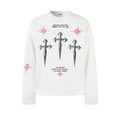 Front view of white long sleeve tee with black gothic cross print and red symbol graphics