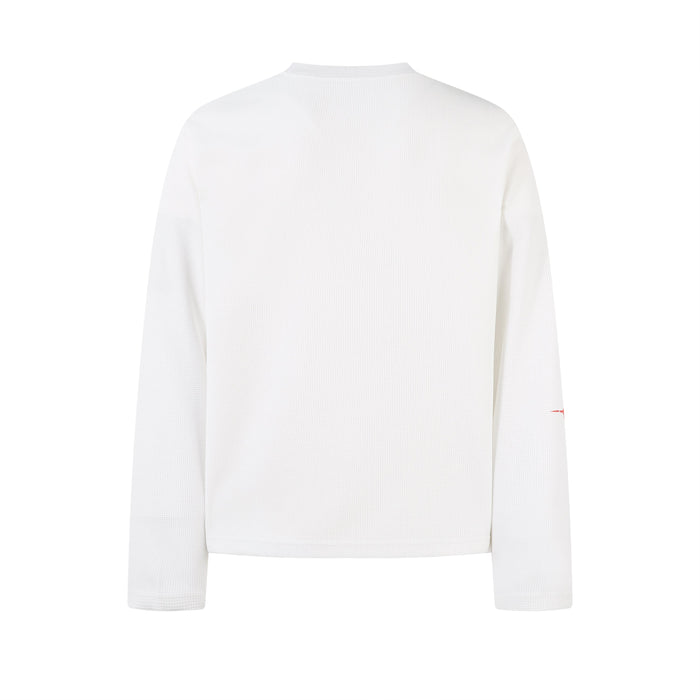 Back view of white long sleeve tee with plain textured knit and no graphic print