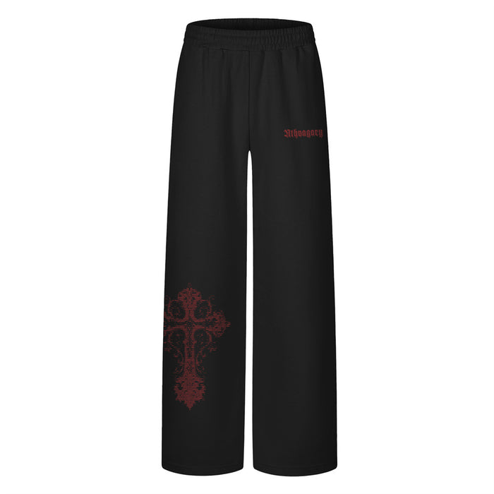 Wide-leg sweatpants with gothic cross print on left leg in black with red print and light grey with black print