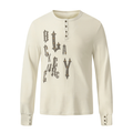 Cream long sleeve Henley tee with gothic graphic and stud accents, front view