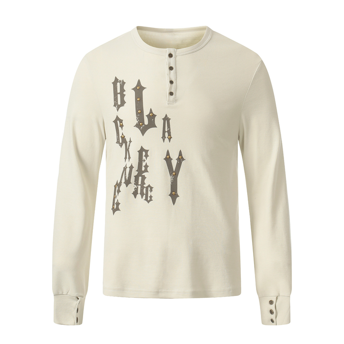 Cream long sleeve Henley tee with gothic graphic and stud accents, front view