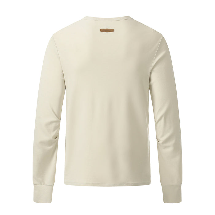 Cream long sleeve Henley tee, plain back view with small brand patch at neck