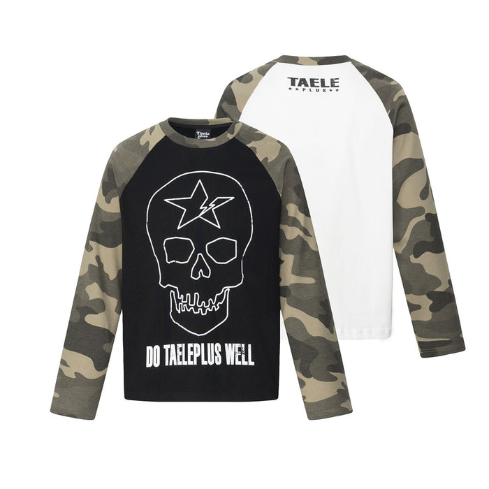 Black and camouflage raglan long sleeve shirt front and back, with skull graphic and white rear panel