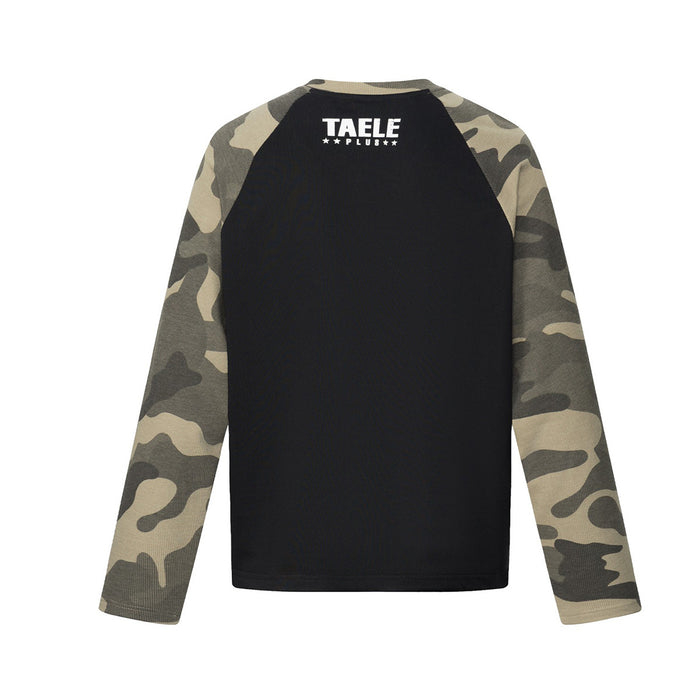Back view of black raglan shirt with camouflage sleeves and white TAele Plus neck logo