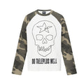 White raglan shirt front with camouflage sleeves, outlined skull graphic, star detail, and slogan