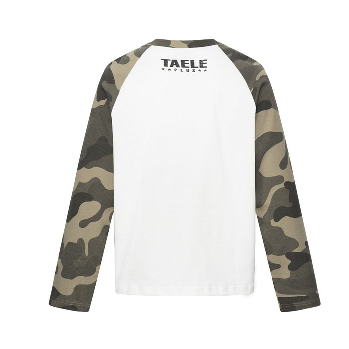 Back view of white raglan shirt with camouflage sleeves and TAele Plus neck logo