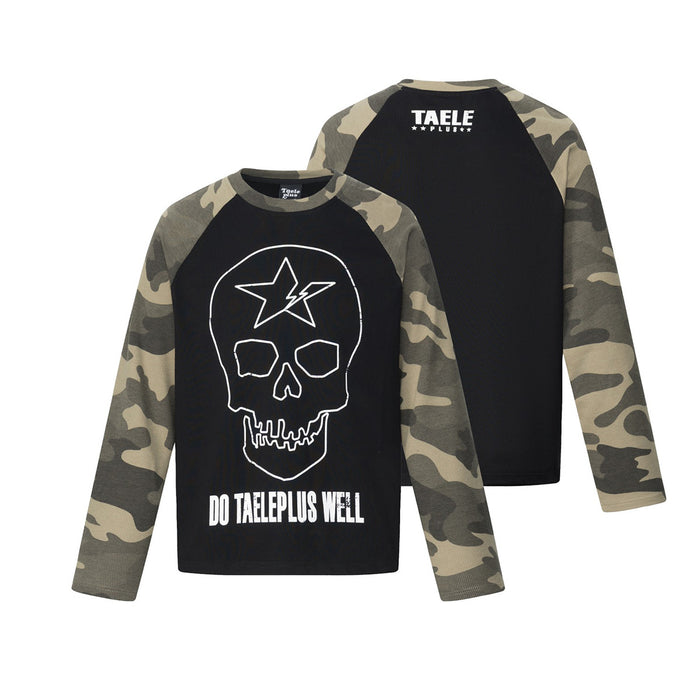 Black camouflage raglan shirt shown front and back, featuring a white outlined skull graphic
