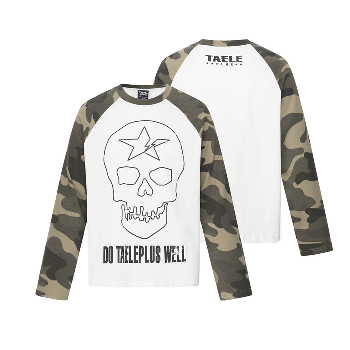 White camouflage raglan shirt front with outlined skull and star graphic plus printed slogan