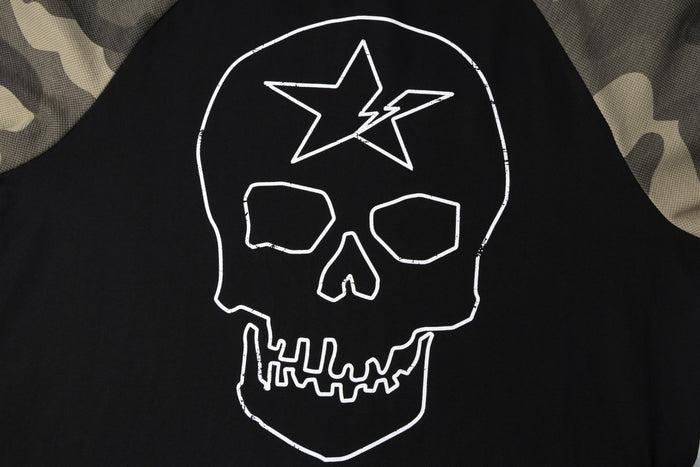 Close-up of white outlined skull graphic with star detail on black shirt fabric