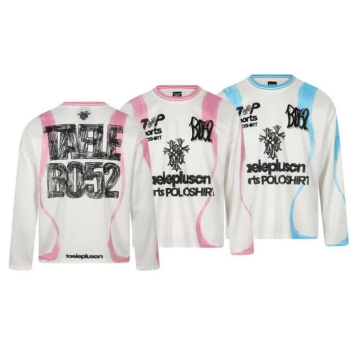 Three white long sleeve tees with pink and blue graffiti print, front and back views