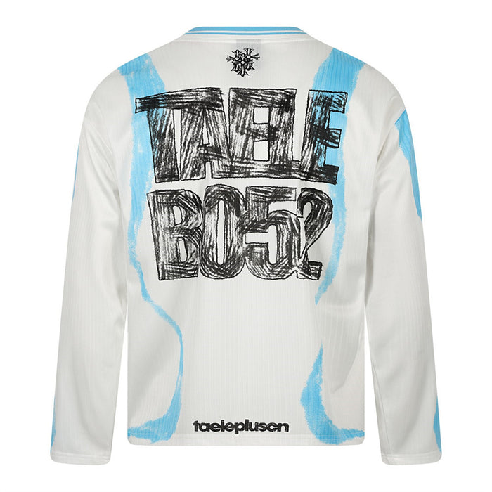 White long sleeve T-shirt back view with blue graffiti edges and large black scribble text