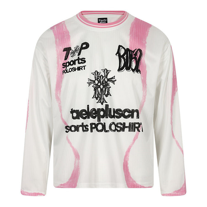 White long sleeve T-shirt front view with pink graffiti edges and black graphic text
