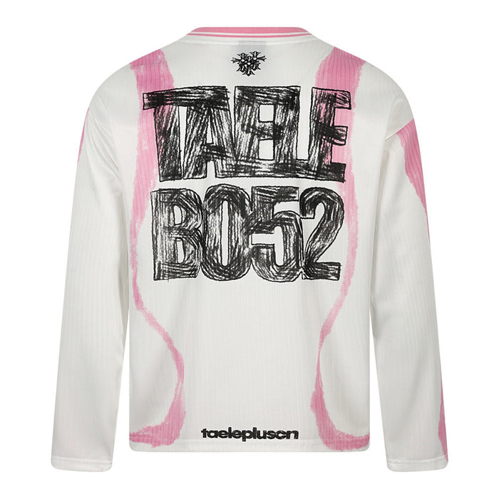 White long sleeve T-shirt back view with pink graffiti edges and large black scribble text