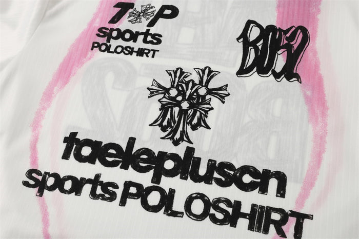 Close-up of front chest print on white long sleeve T-shirt with pink graffiti border