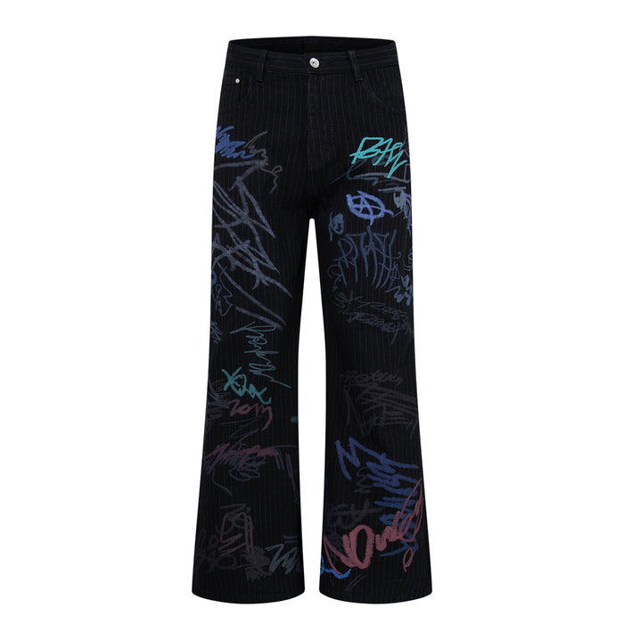 Flat lay front view of black wide-leg jeans with pinstripes and graffiti print