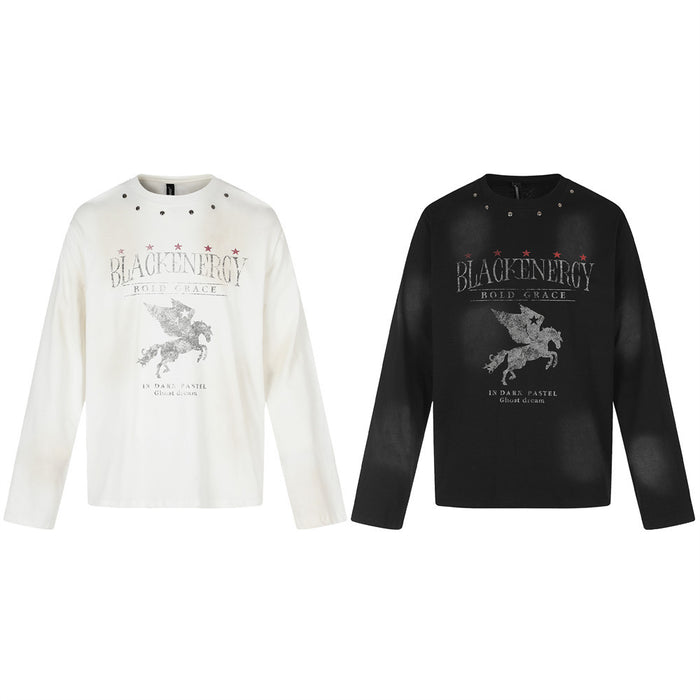 Oversized long sleeve graphic men t shirt with distressed Pegasus print, washed finish, and metal stud neckline in white and
