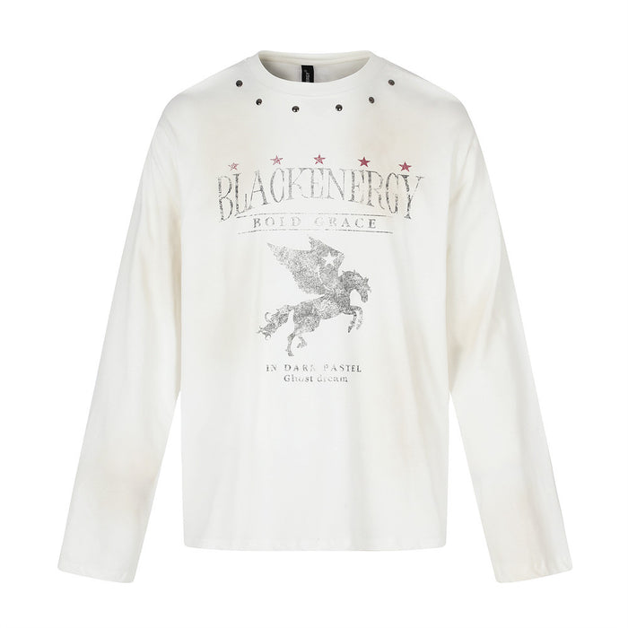 White long-sleeve crew neck shirt with distressed Pegasus graphic, text print, and metal studs around the collar