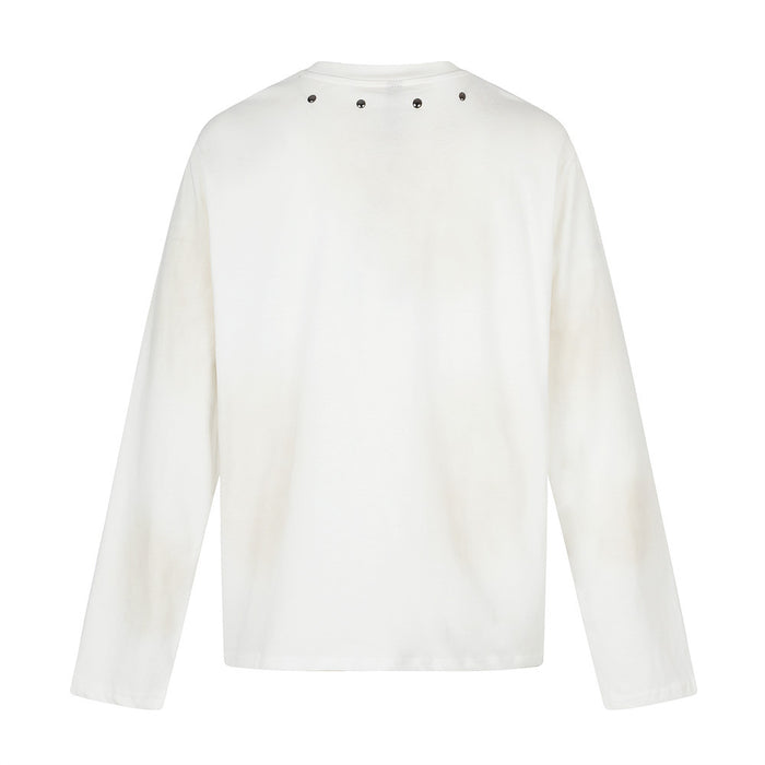 Back view of a plain white long-sleeve crew neck shirt with metal studs around the collar