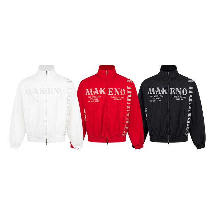 Three stand-collar full-zip windbreaker jackets in white, red, and black with contrasting stencil-style lettering
