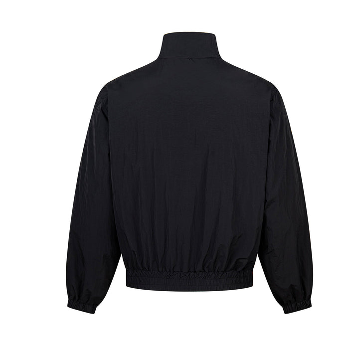 Black full-zip windbreaker shown from the back with a stand collar, elastic hem, and gathered cuffs