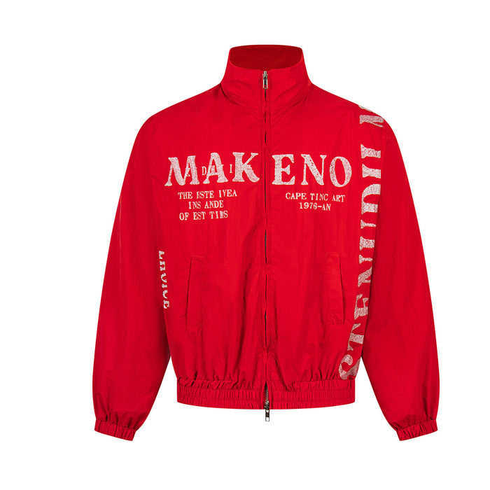 Red stand-collar windbreaker front with full zipper, large chest lettering, sleeve graphics, and elastic trim