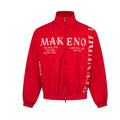 Red stand-collar windbreaker front with full zipper, large chest lettering, sleeve graphics, and elastic trim