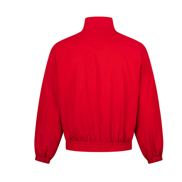 Red windbreaker shown from the back with a plain lightweight shell, stand collar, elastic hem, and gathered cuffs