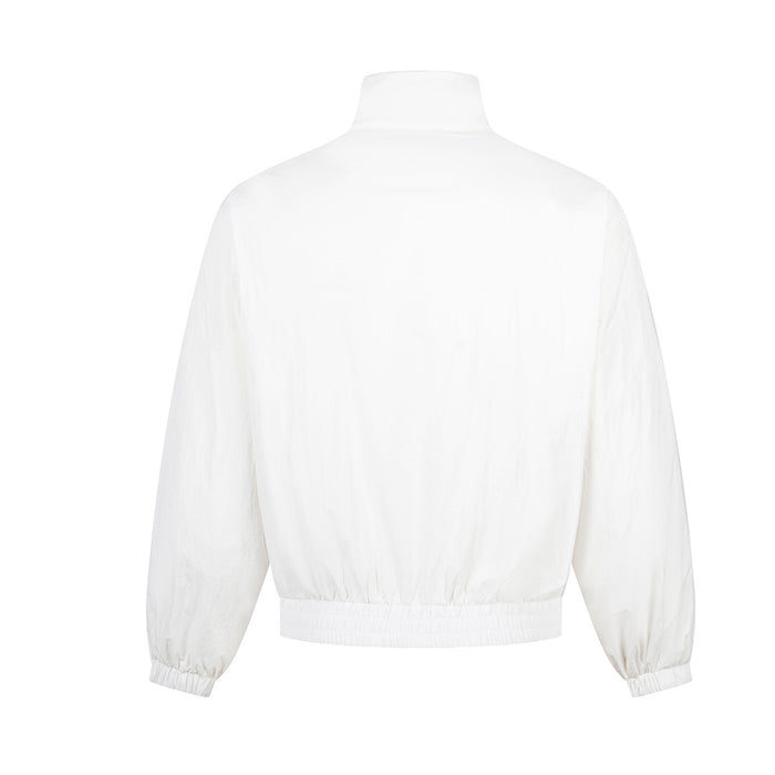 White windbreaker shown from the back with a plain shell, stand collar, elastic hem, and gathered sleeve cuffs
