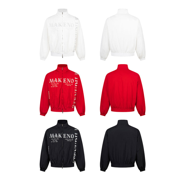 Front and back views of white, red, and black stand-collar windbreaker jackets with graphic lettering