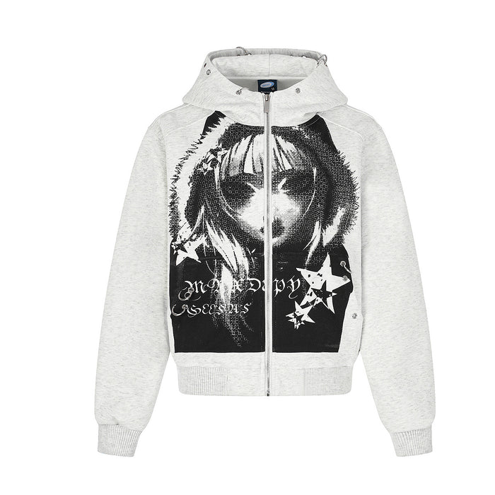 Grey cropped zip-up hoodie with anime character halftone graphic print, star motifs, and metal ring hood detail, front and ba