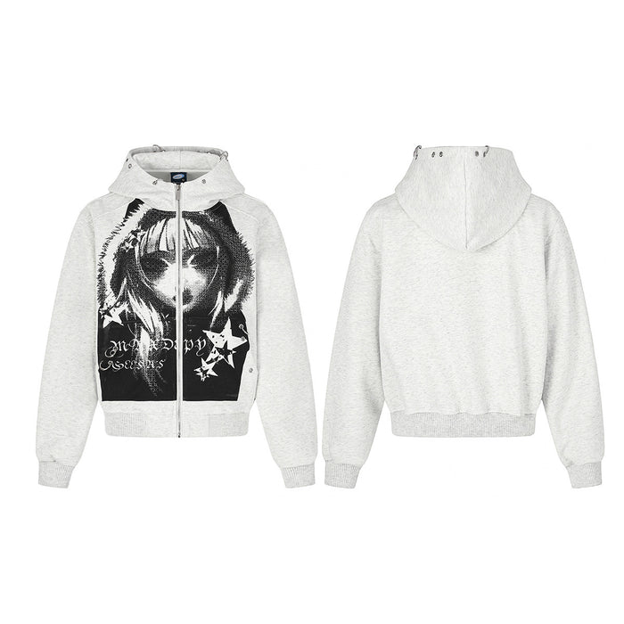 Light grey cropped zip-up hoodie shown from the front and back with black anime-style graphic panels