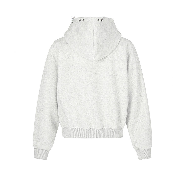 Back view of a light grey cropped hoodie with a plain hood, long sleeves, and ribbed hem and cuffs