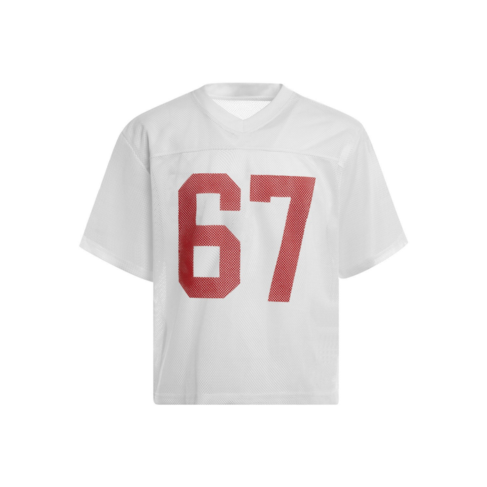 White mesh jersey tee with red varsity 67 print and V-neck streetwear style