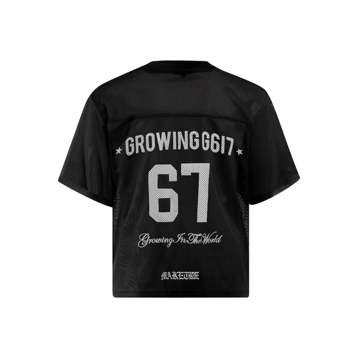 Black mesh jersey tee with varsity-style 67 graphic and Growing G617 lettering on the back