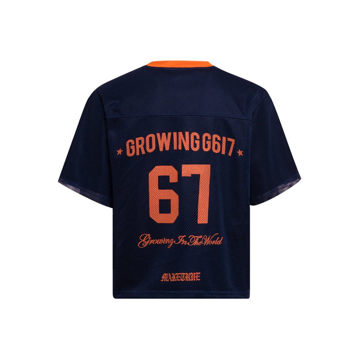 Navy mesh jersey tee with orange trim and large 67 varsity print on the back, streetwear style
