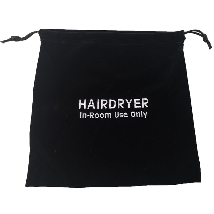 Black velvet drawstring storage bag for a guest room hair dryer