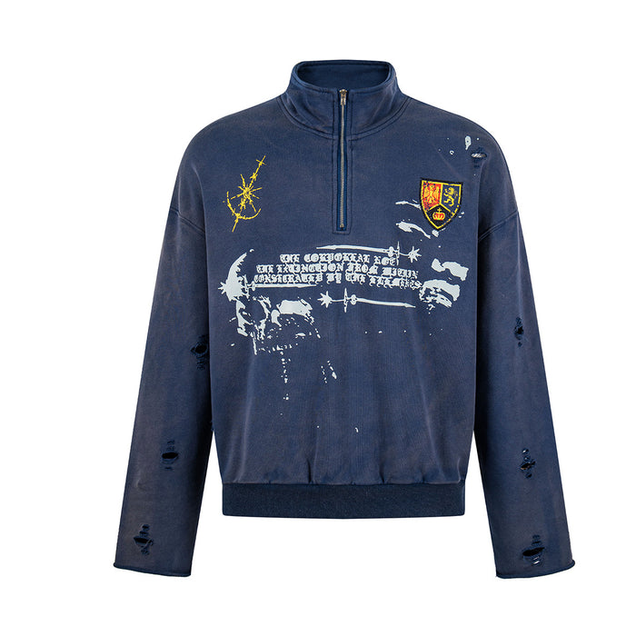 Navy distressed half-zip sweatshirt with heraldic crest patch, skull graphic, and gothic print on front, shown front and back