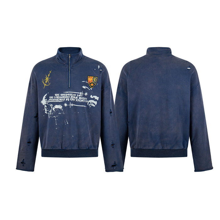 Navy half-zip sweatshirt shown from the front and back with distressed wash, heraldic patch, and gothic chest print