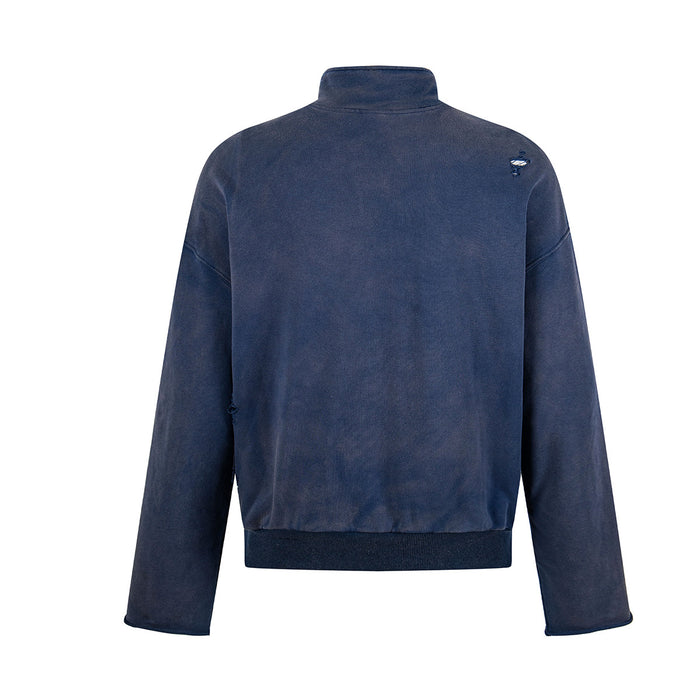 Back view of a navy half-zip sweatshirt with a distressed wash, stand collar, long sleeves, and ribbed hem