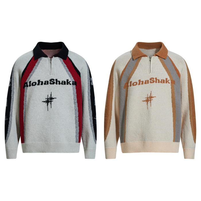 AlohaShaka retro colorblock half-zip knit sweater in black-red and camel-grey colorways, front view
