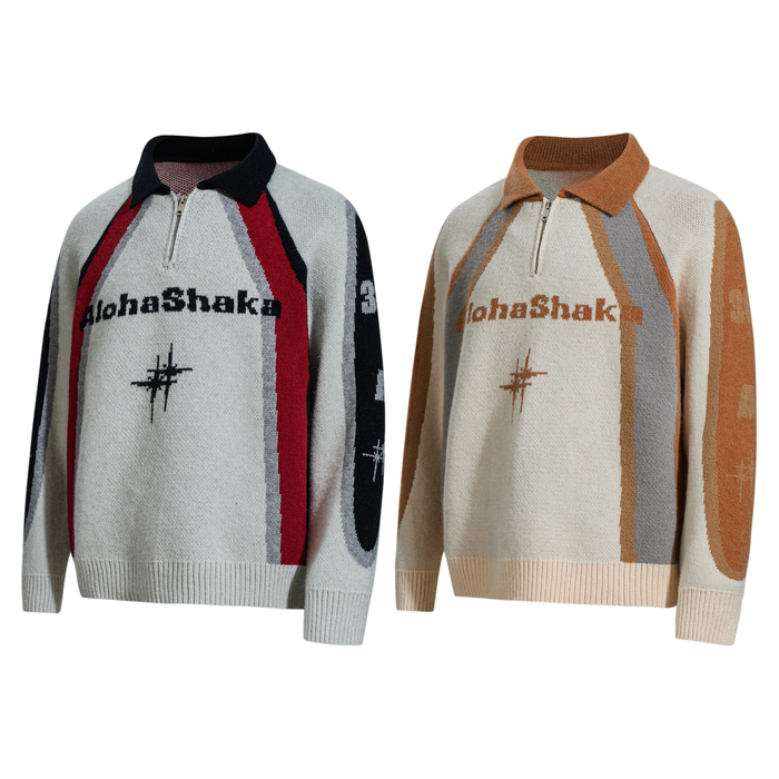 Retro colorblock knit sweater shown in black-red and tan-gray colorways, front view