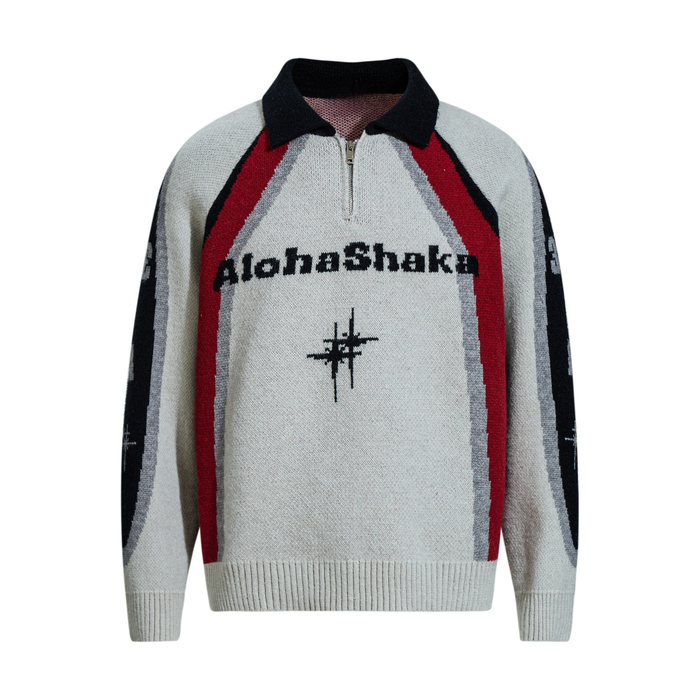 Black-red colorblock half-zip knit sweater, front view with AlohaShaka graphic