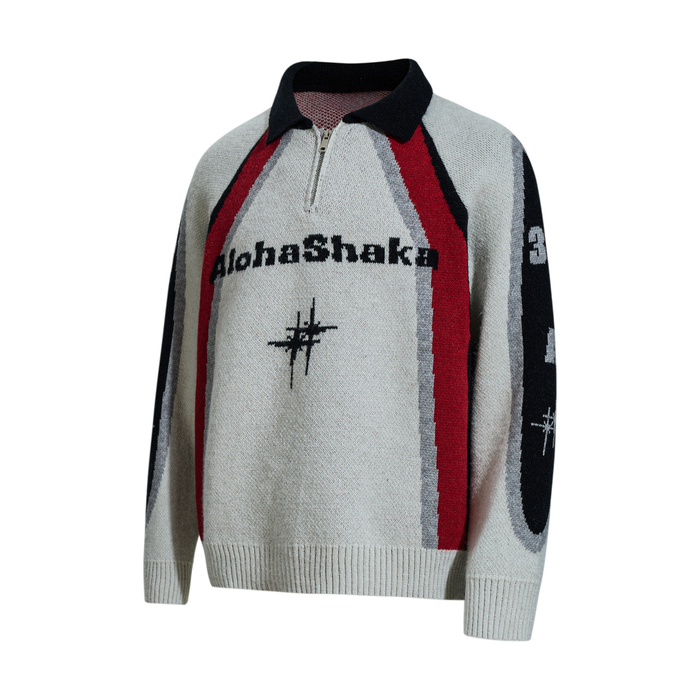 Black-red colorblock knit sweater angled front view with half zip and long sleeves