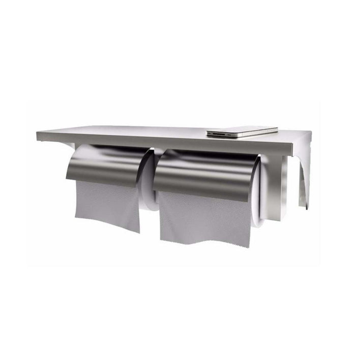 Heavy duty stainless steel twin toilet roll holder with shelf, satin finish