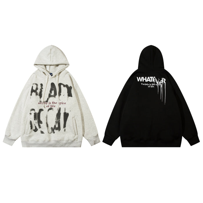 Front and back views of oversized graffiti graphic hoodies in light gray and black